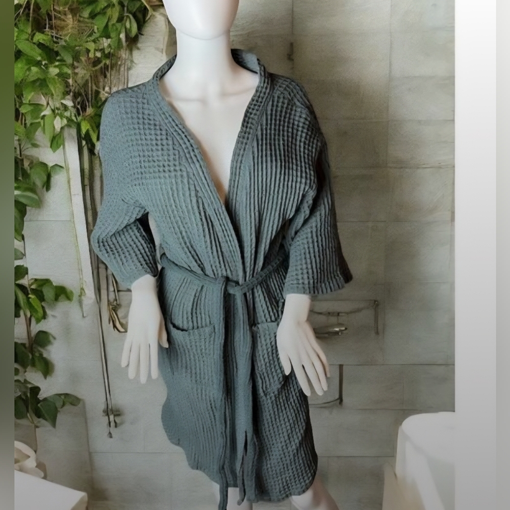 Bathen Turkish cotton  robe Waffel Weave women's  lightweight Sage NWOT